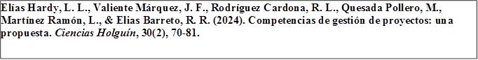 Elías Hardy, L. L., Valiente Márquez, J. F., Rodríguez Cardona, R. L., Quesada Pollero, M., Martínez Ramón, L., & Elias Barreto, R. R. (2024). Competencias de gestión de proyectos: una propuesta. Ciencias Holguín, 30(2), 70-81.

