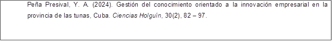 Peña Presival, Y. A. (2024). Gestión del conocimiento orientado a la innovación empresarial en la provincia de las tunas, Cuba. Ciencias Holguín, 30(2), 82 – 97.