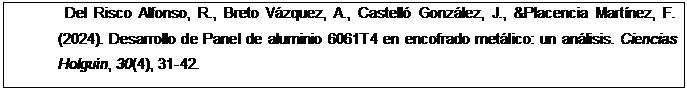 Cuadro de texto: Del Risco Alfonso, R., Breto Vázquez, A., Castelló González, J., &Placencia Martínez, F. (2024). Desarrollo de Panel de aluminio 6061T4 en encofrado metálico: un análisis. Ciencias Holguín, 30(4), 31-42.