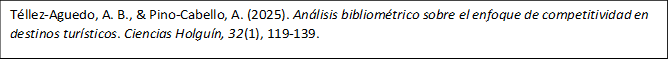 Téllez-Aguedo, A. B., & Pino-Cabello, A. (2025). Análisis bibliométrico sobre el enfoque de competitividad en destinos turísticos. Ciencias Holguín, 32(1), 119-139.