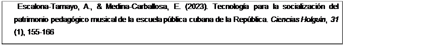 Text Box: Escalona-Tamayo, A., & Medina-Carballosa, E. (2023). Tecnología para la socialización del patrimonio pedagógico musical de la escuela pública cubana de la República. Ciencias Holguín, 31 (1), 155-166