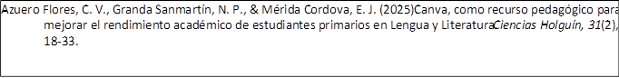 Azuero Flores, C. V., Granda Sanmartín, N. P., & Mérida Cordova, E. J. (2025). Canva, como recurso pedagógico para mejorar el rendimiento académico de estudiantes primarios en Lengua y Literatura. Ciencias Holguín, 31(2), 18-33.

