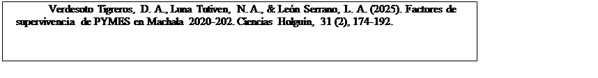Text Box: Verdesoto Tigreros, D. A., Luna Tutiven, N. A., & León Serrano, L. A. (2025). Factores de supervivencia de PYMES en Machala 2020-202. Ciencias Holguín, 31 (2), 174-192. 