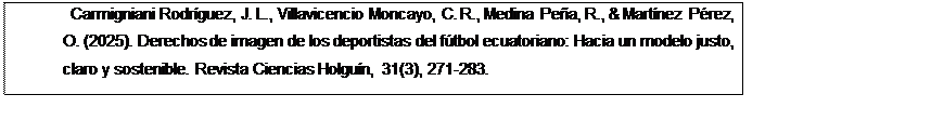 Text Box: Carmigniani Rodríguez, J. L., Villavicencio Moncayo, C. R., Medina Peña, R., & Martínez Pérez, O. (2025). Derechos de imagen de los deportistas del fútbol ecuatoriano: Hacia un modelo justo, claro y sostenible. Revista Ciencias Holguín, 31(3), 271-283.