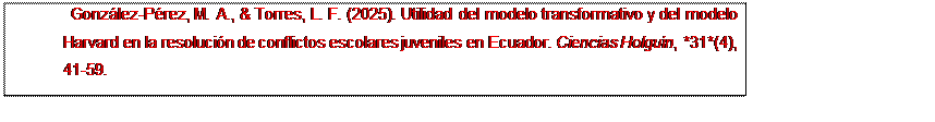 Text Box: González-Pérez, M. A., & Torres, L. F. (2025). Utilidad del modelo transformativo y del modelo Harvard en la resolución de conflictos escolares juveniles en Ecuador. Ciencias Holguín, *31*(4), 41-59.