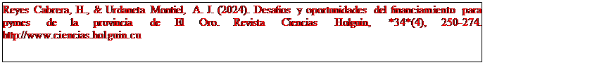 Text Box: Reyes Cabrera, H., & Urdaneta Montiel, A. J. (2024). Desafíos y oportunidades del financiamiento para pymes de la provincia de El Oro. Revista Ciencias Holguín, *34*(4), 250-274. http://www.ciencias.holguin.cu

