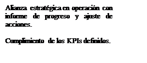 Text Box: Alianza estratégica en operación con informe de progreso y ajuste de acciones.

Cumplimiento de los KPIs definidos.
