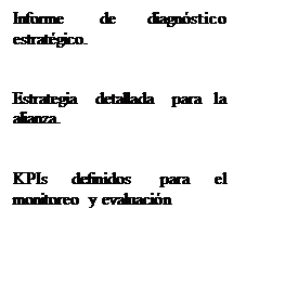 Text Box: Informe de diagnóstico estratégico.


Estrategia detallada para la alianza.


KPIs definidos para el monitoreo y evaluación
